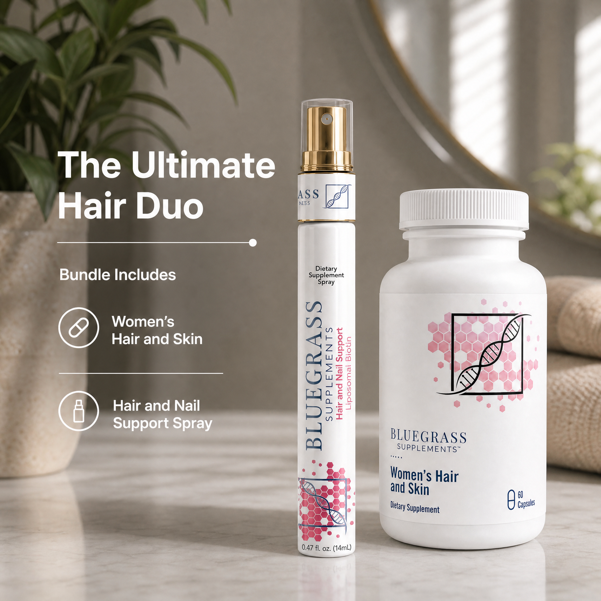 Bluegrass Supplements hair and skin care products on a marble surface with a plant in the background.