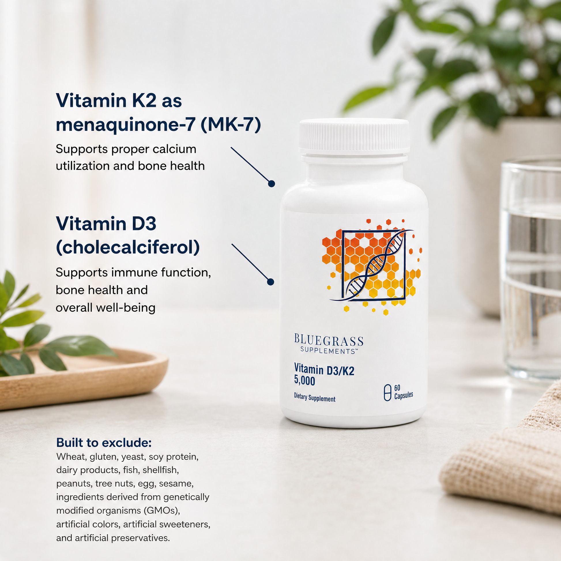 Supplement bottle labeled 'Bluegrass Supplements' with nutritional information on a neutral background