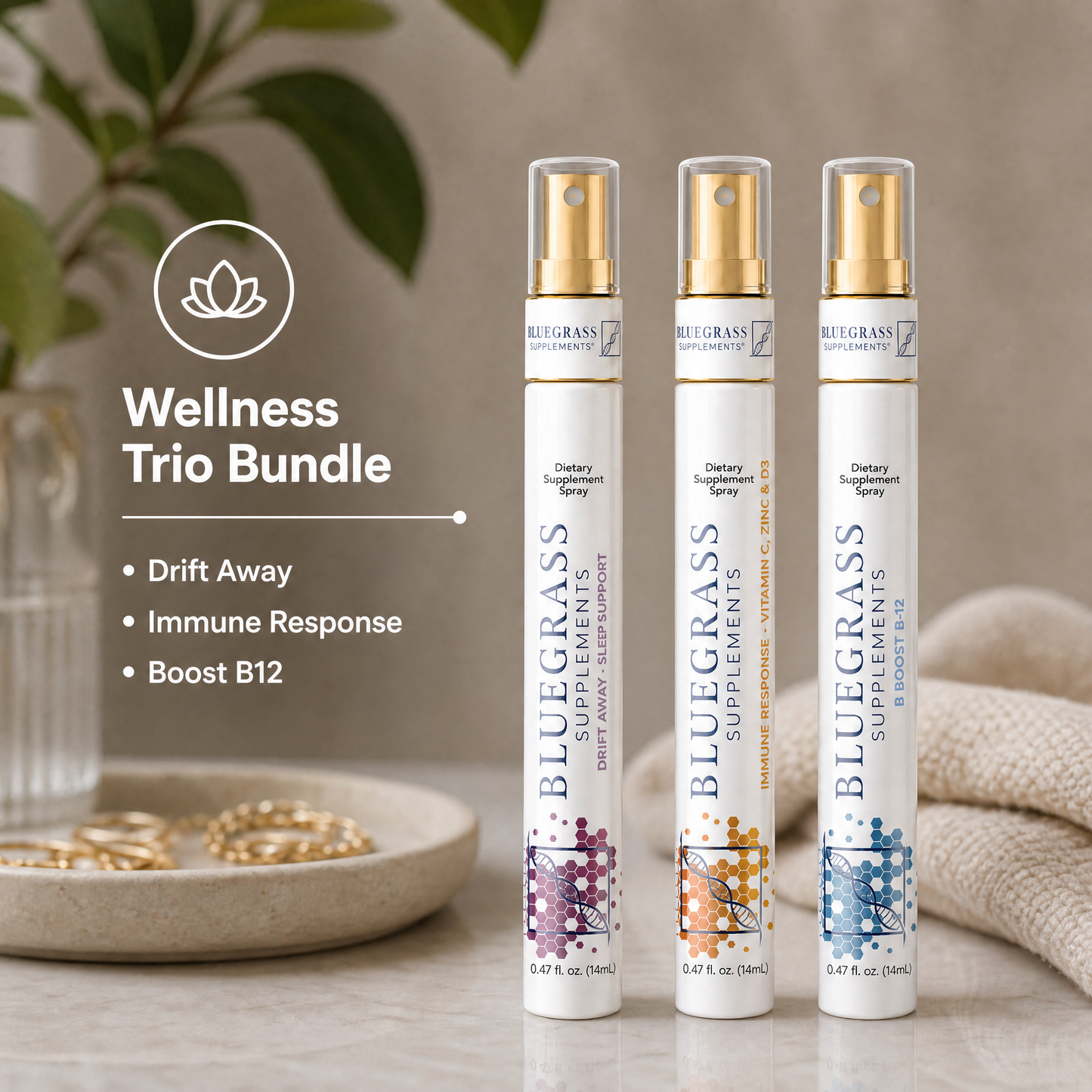 Three Bluegrass Supplements spray bottles on a neutral background with 'Wellness Trio Bundle' text.