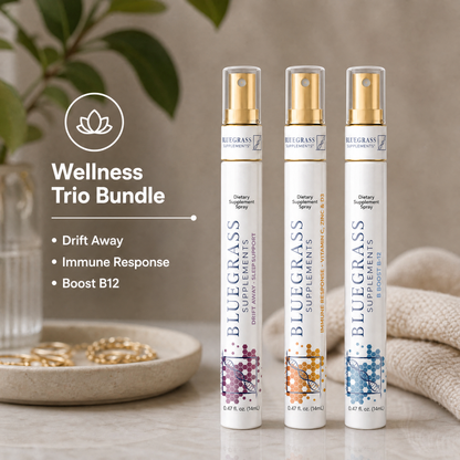 Three Bluegrass Supplements spray bottles on a neutral background with 'Wellness Trio Bundle' text.