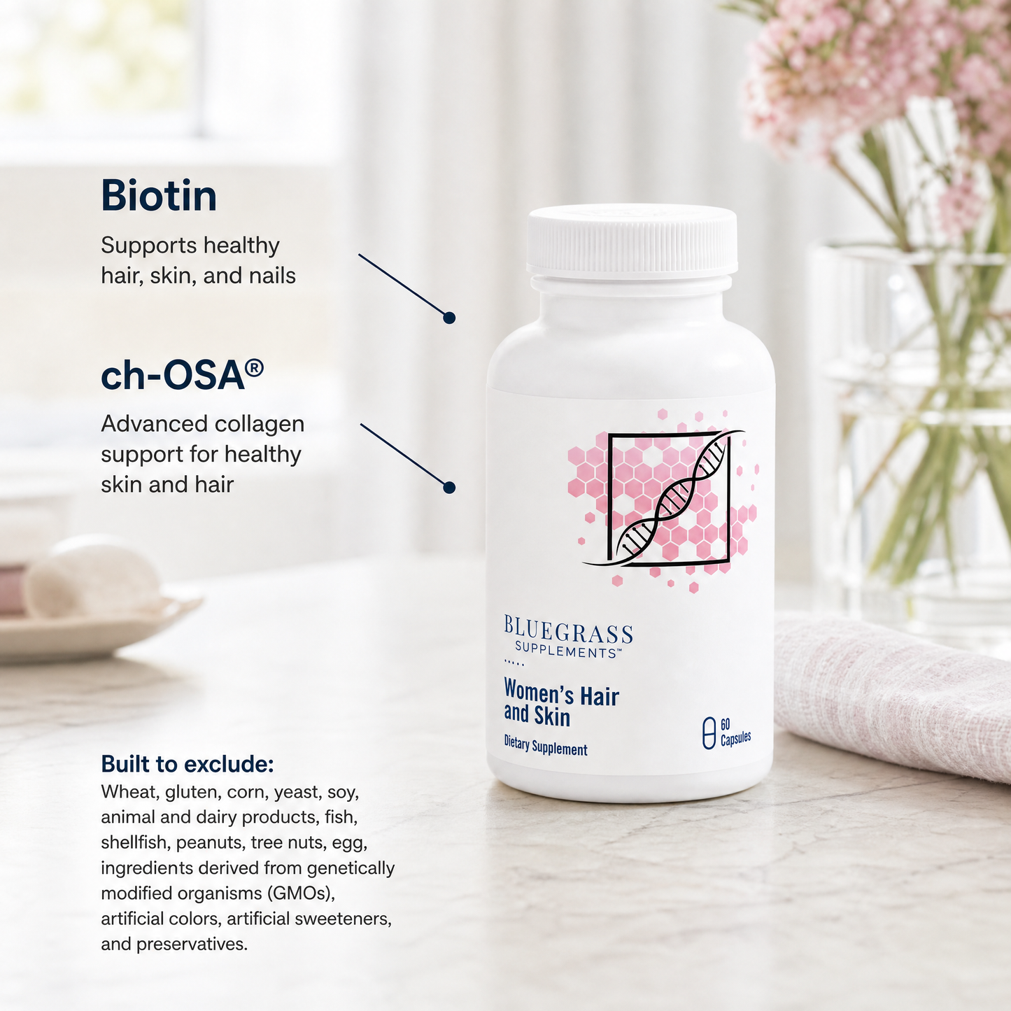 Supplement bottle labeled 'Bluegrass Supplements' on a surface with text about ingredients and benefits.
