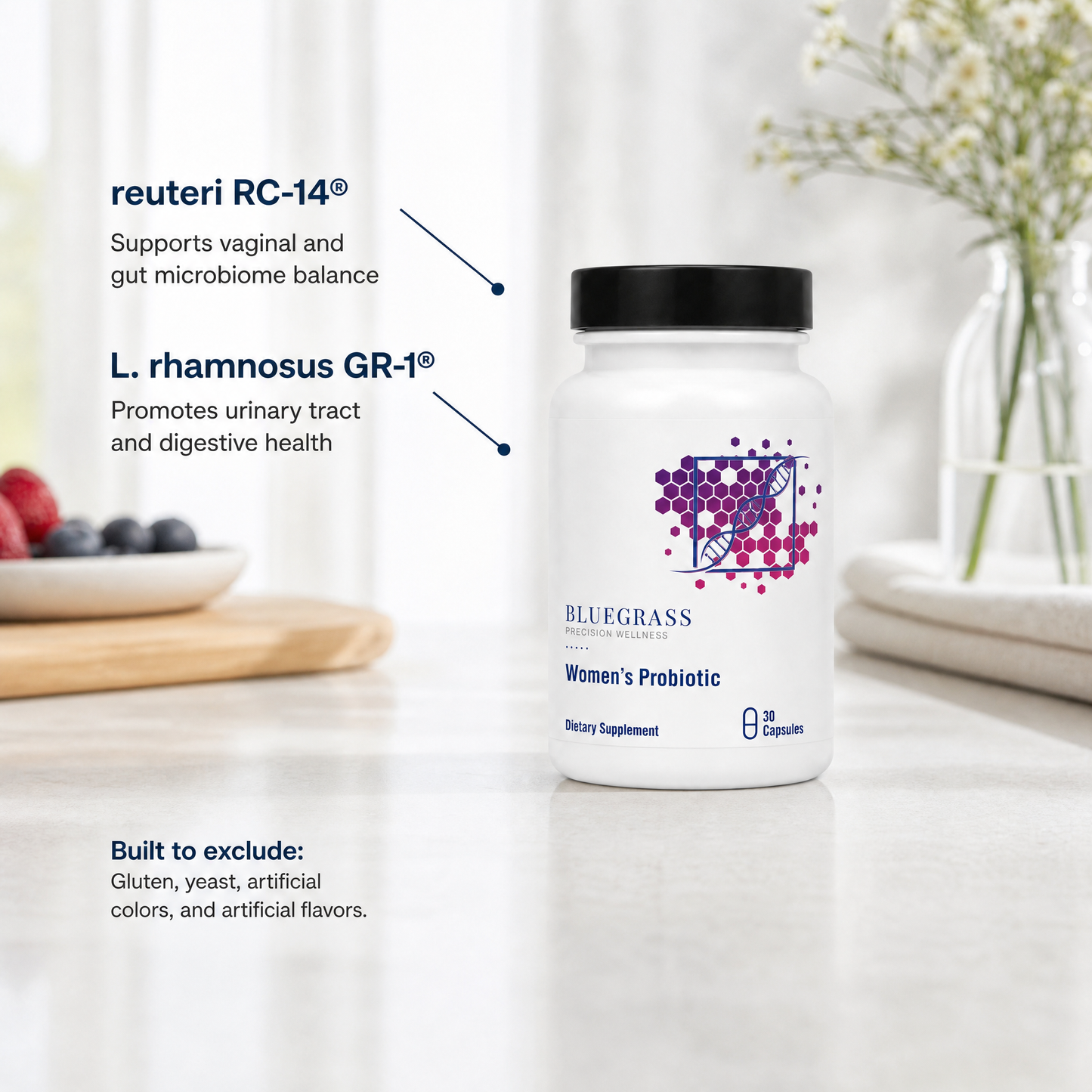 Probiotic supplement bottle with text on a kitchen counter