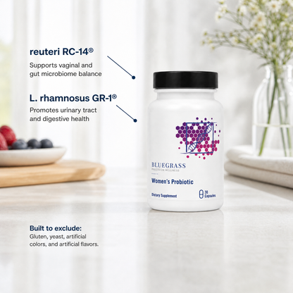 Probiotic supplement bottle with text on a kitchen counter