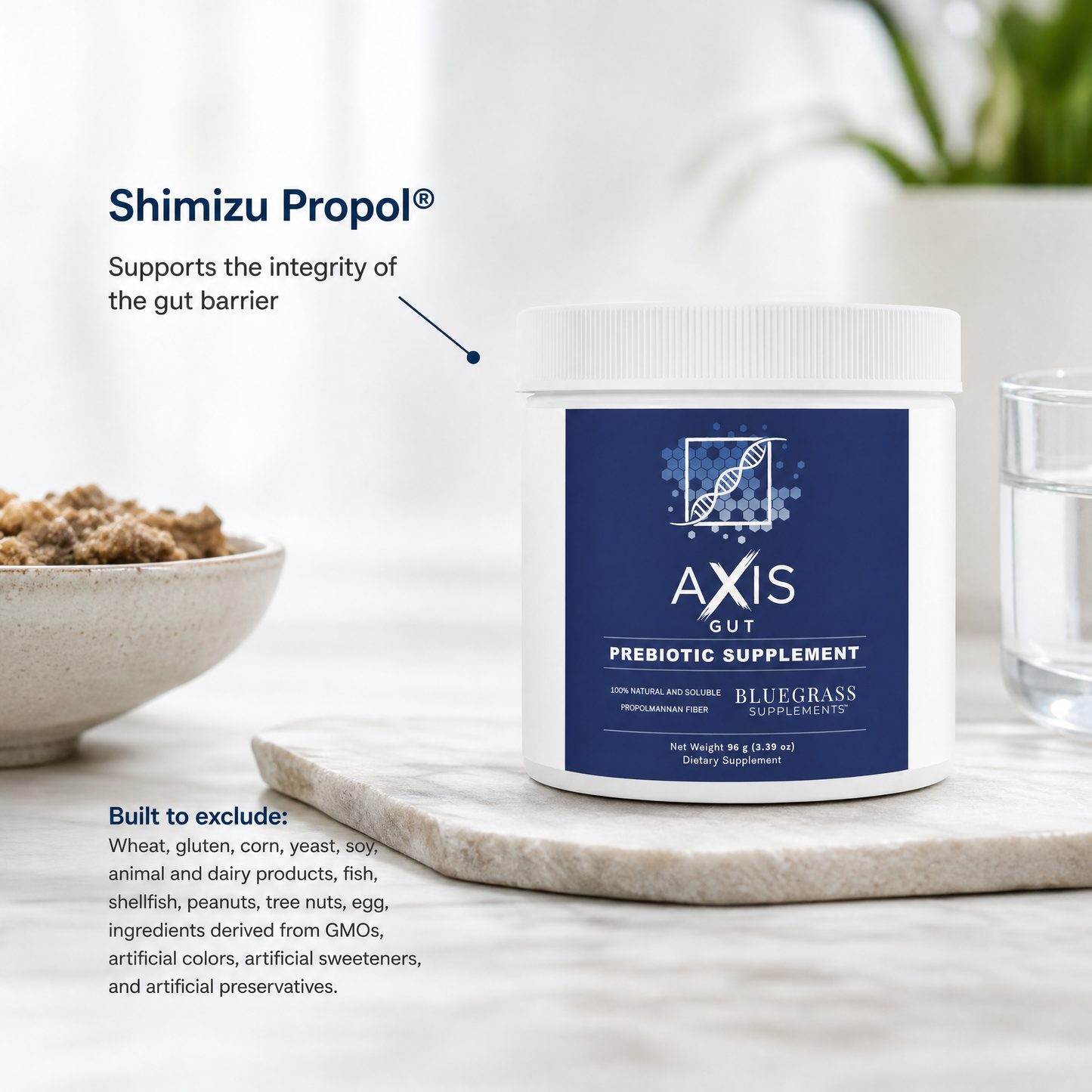Axis Gut prebiotic supplement container with Shimizu Propol label on a neutral background