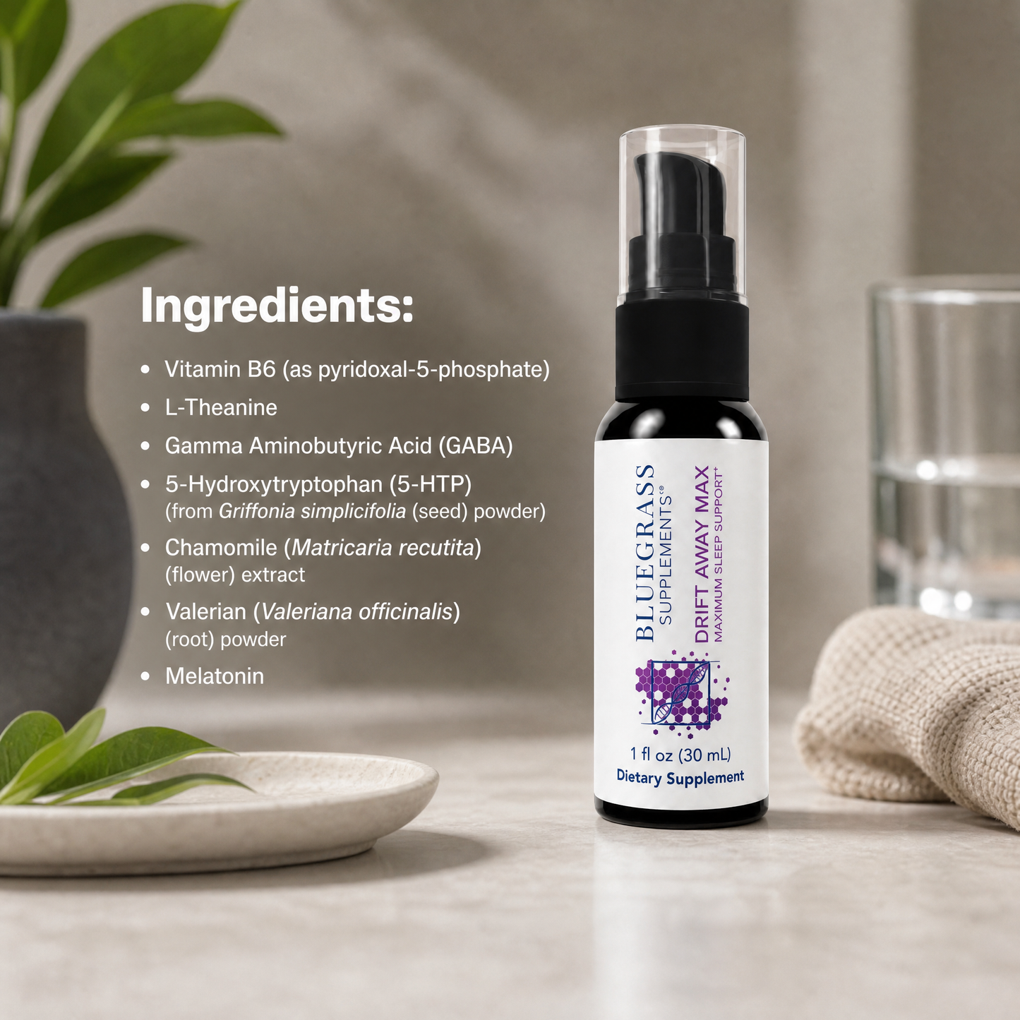 Supplement bottle with ingredients list on a neutral background