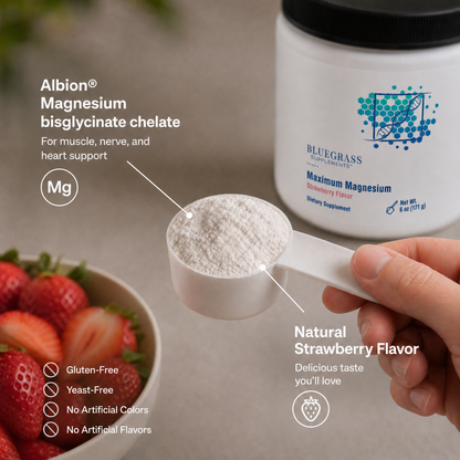 Bluegrass Supplements magnesium supplement with a scoop of powder and strawberries on a neutral background