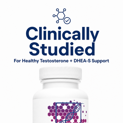 Supplement bottle with 'Clinically Studied' text for testosterone and DHEA-S support on a white background