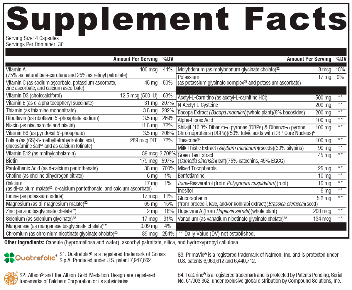 Supplement facts label with detailed nutritional information on a white background