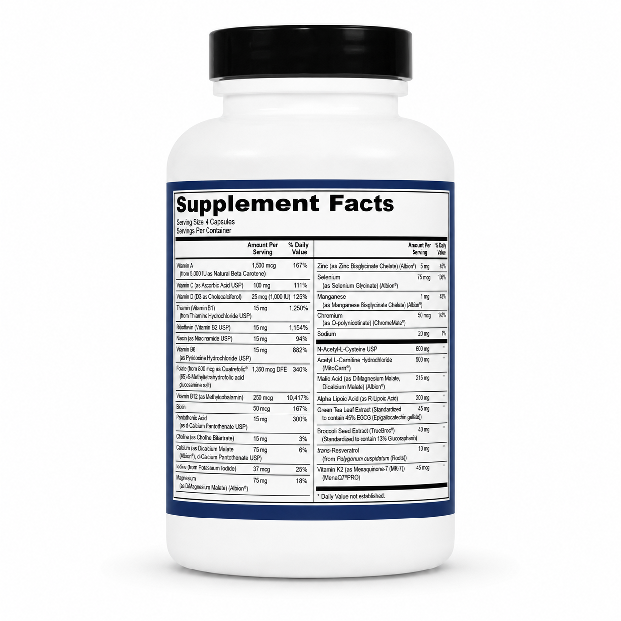 Supplement bottle with a detailed label on a white background