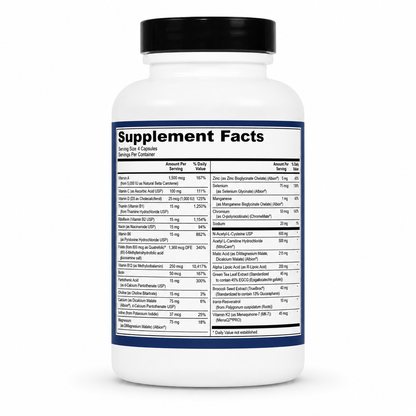 Supplement bottle with a detailed label on a white background
