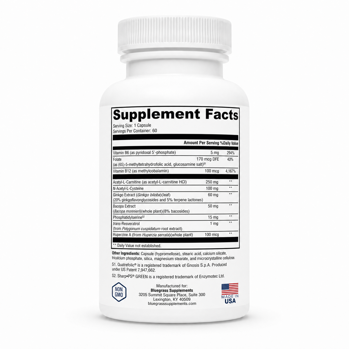 Supplement bottle with label on a white background