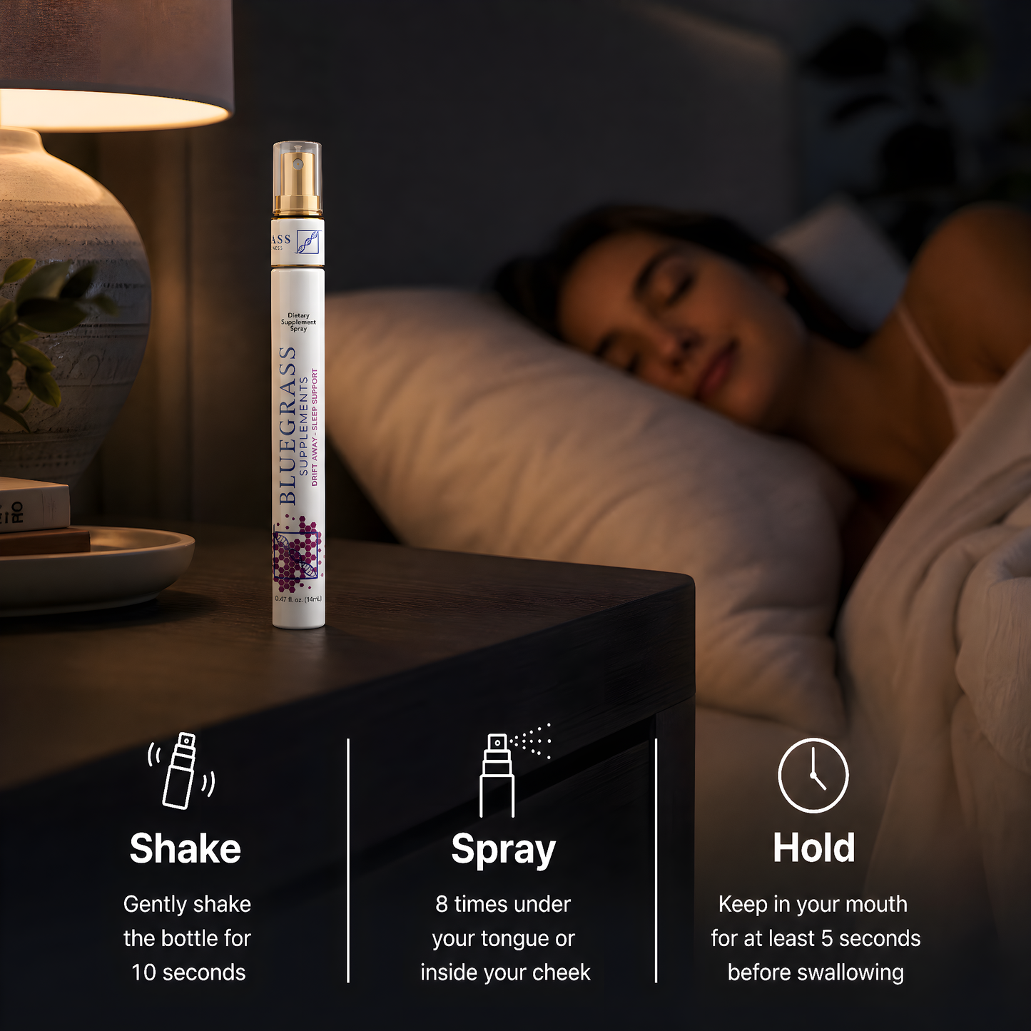 Sleep aid product on a nightstand with usage instructions and a person sleeping in the background.