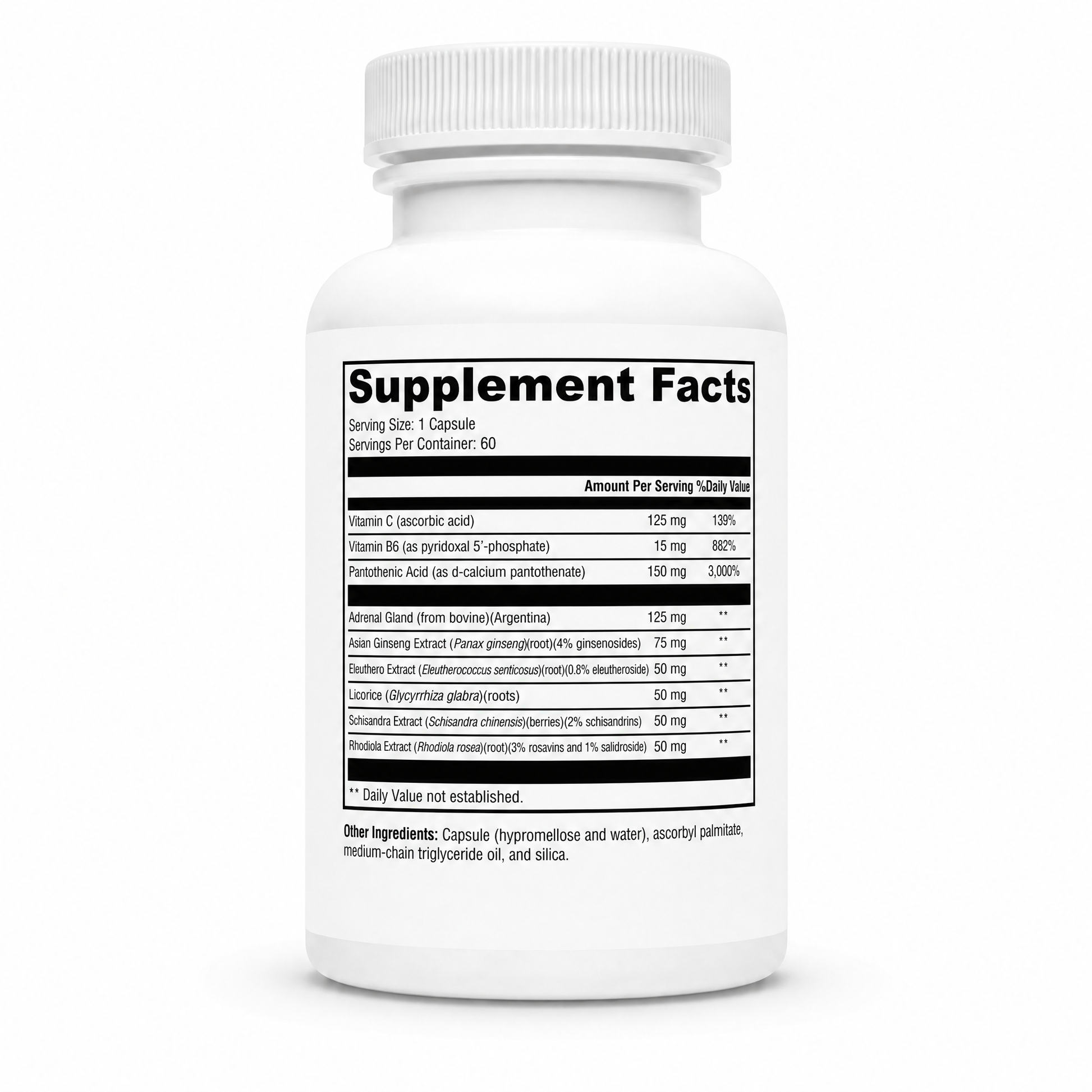 Supplement bottle with 'Supplement Facts' label on a white background