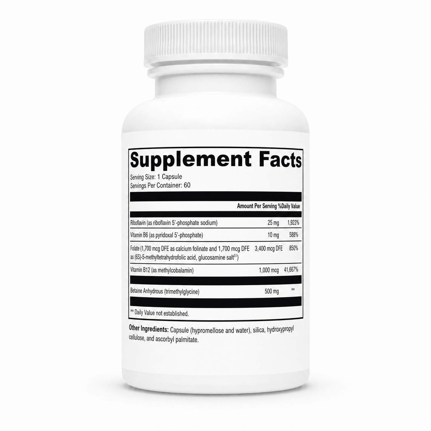 Supplement bottle with label showing 'Supplement Facts' on a white background