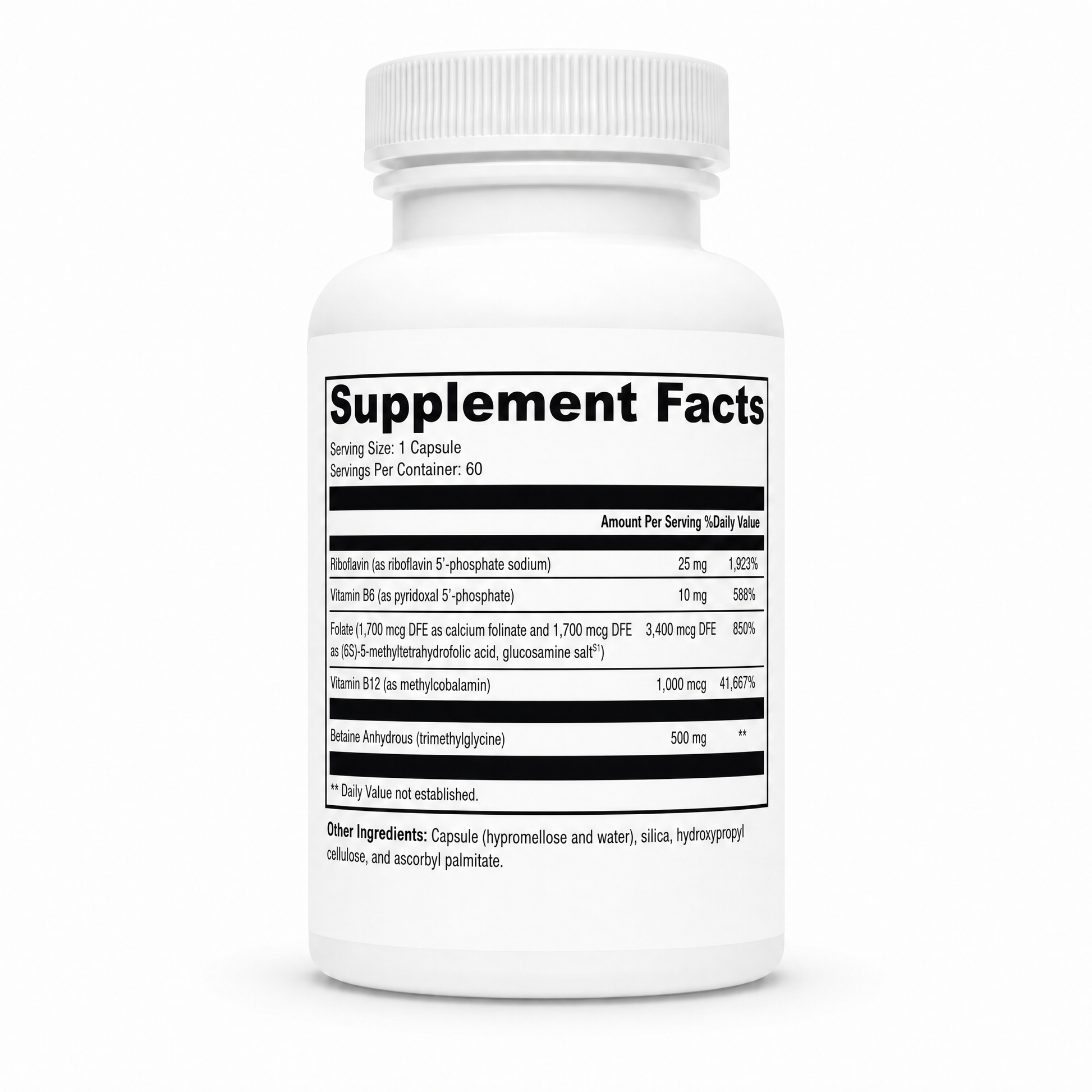 Supplement bottle with label showing 'Supplement Facts' on a white background