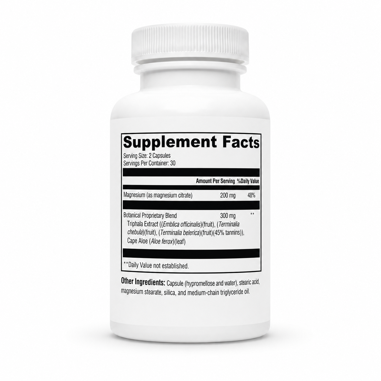 Supplement bottle with label on a white background