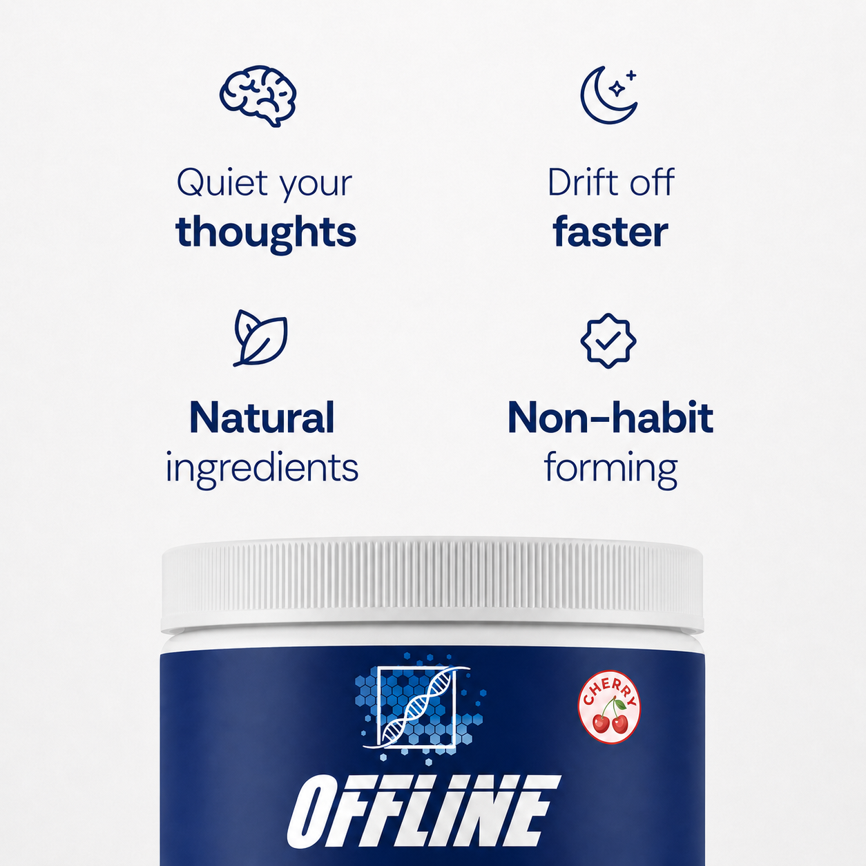 Bluegrass Supplements Offline cherry supplement with icons highlighting calming support, faster sleep, natural ingredients, and non-habit-forming benefits.