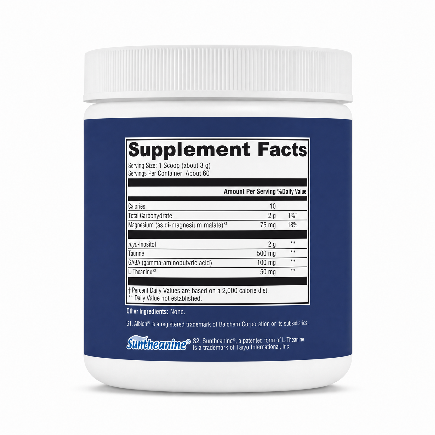 Supplement container with a blue label displaying 'Supplement Facts' on a white background