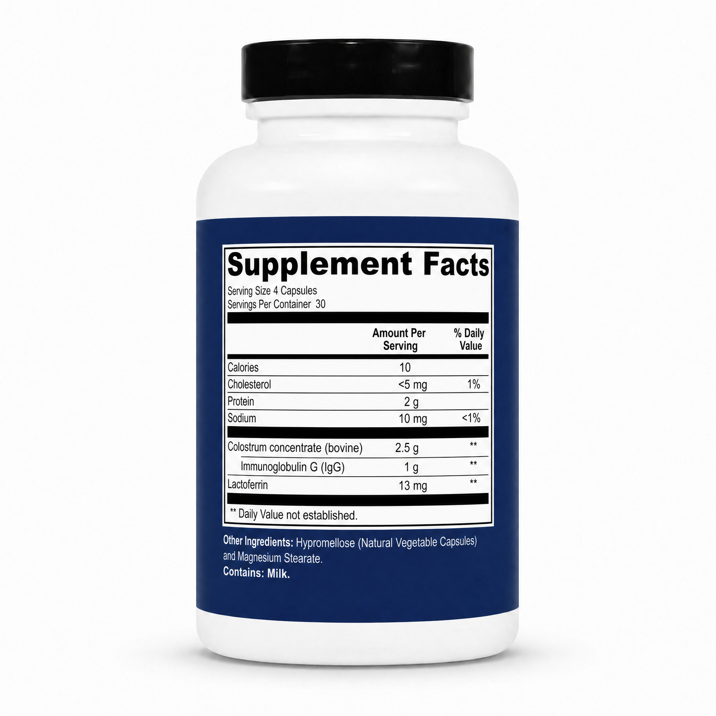Supplement bottle with a clear label on a white background