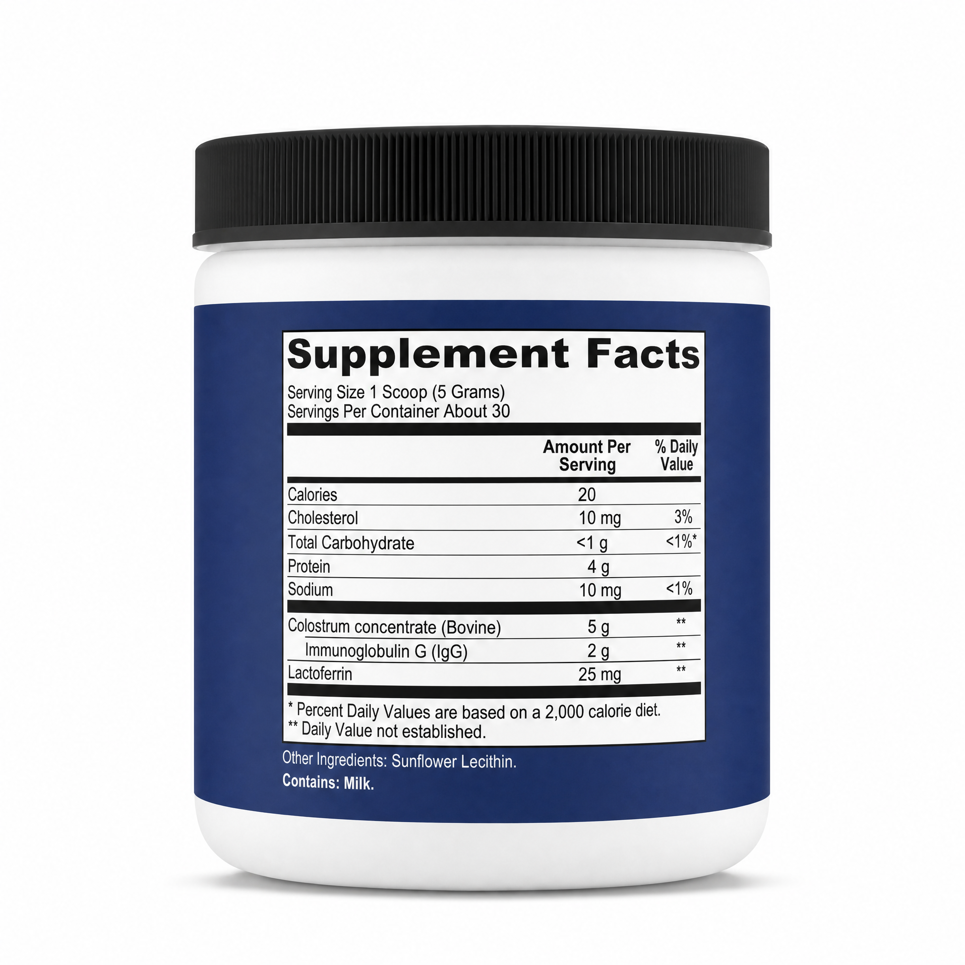 Supplement container with a label displaying 'Supplement Facts' on a white background
