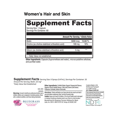 Supplement facts label for women's hair and skin on a white background
