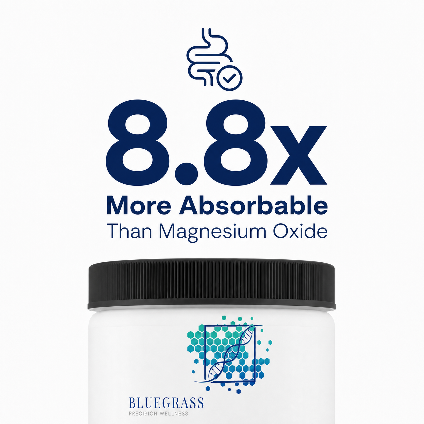White container with black lid featuring Bluegrass supplement logo and text about absorbability.