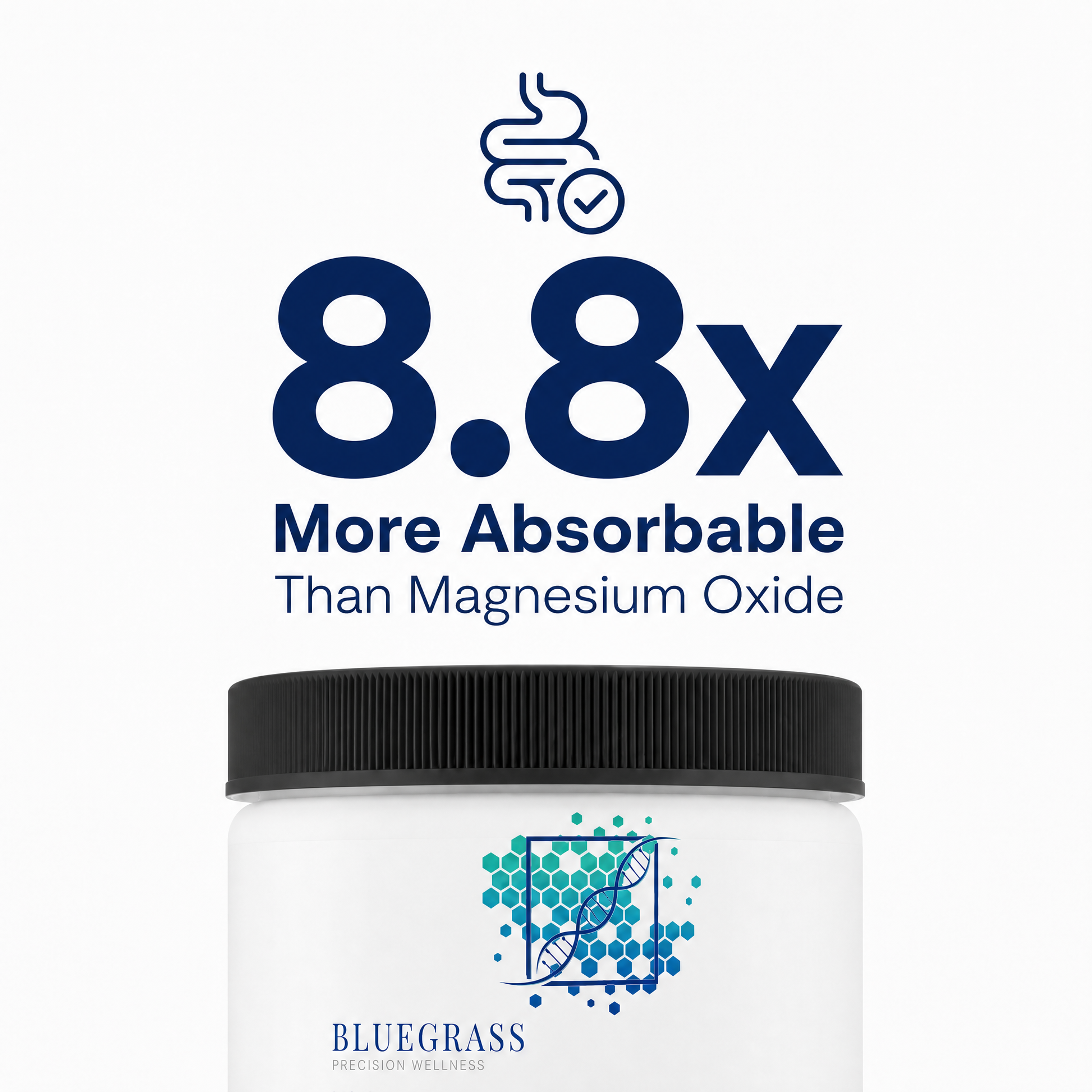 White container with black lid featuring Bluegrass supplement logo and text about absorbability.