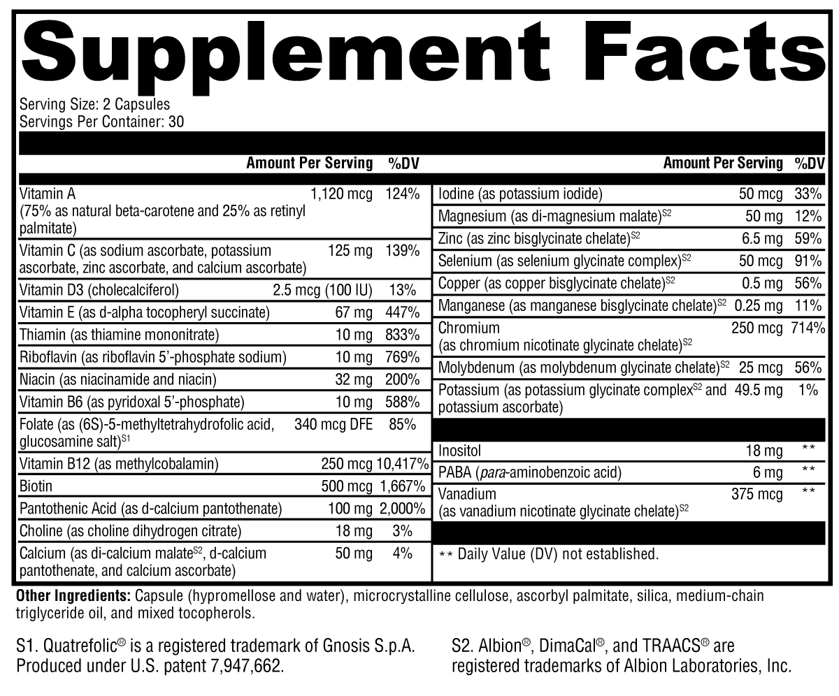 Supplement facts label with detailed nutritional information on a black background