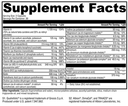 Supplement facts label with detailed nutritional information on a black background