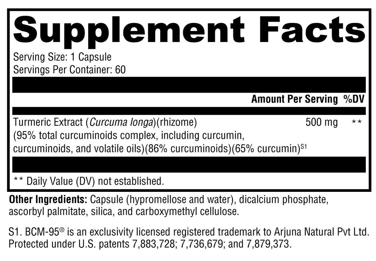 Supplement facts label for a turmeric extract capsule with detailed ingredient information.