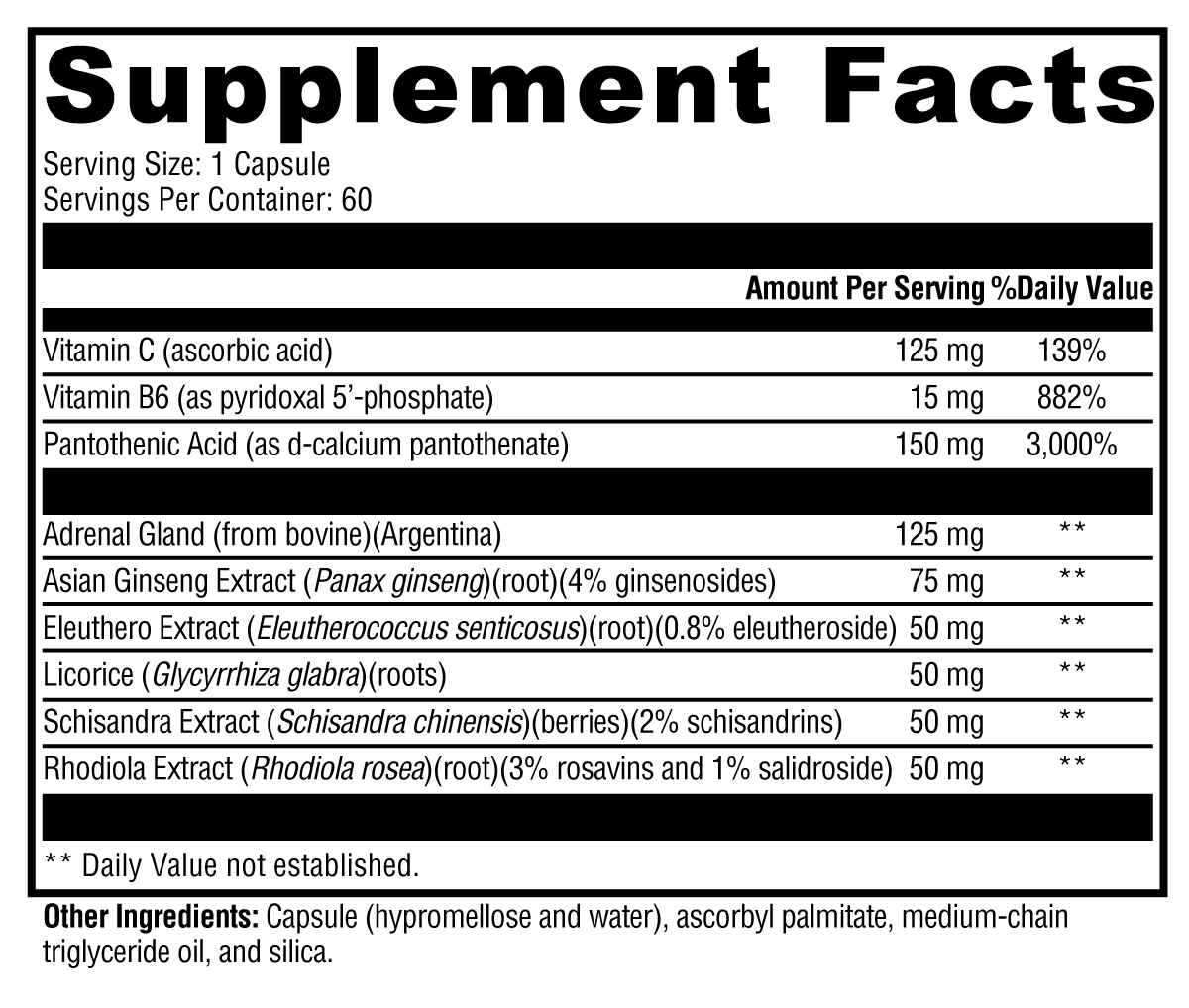 Supplement facts label with detailed nutritional information on a white background