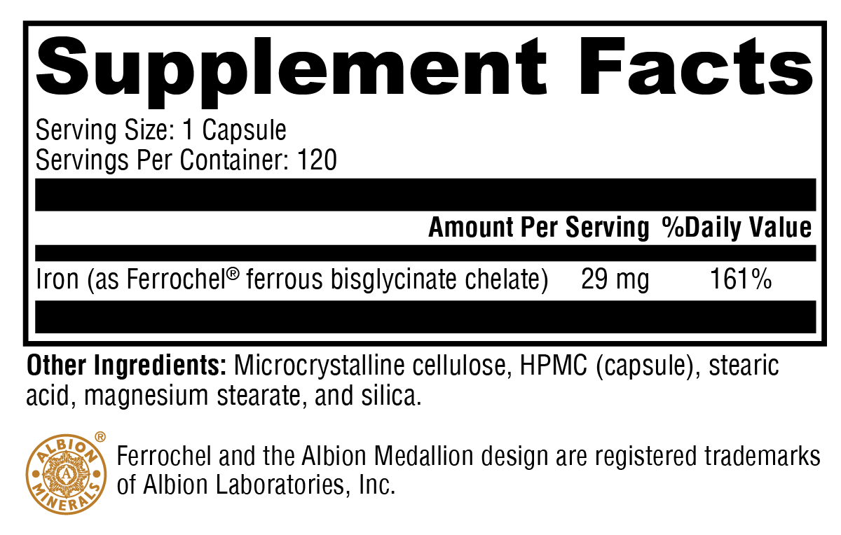 Supplement facts label with iron content and other ingredients on a white background
