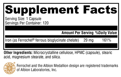 Supplement facts label with iron content and other ingredients on a white background