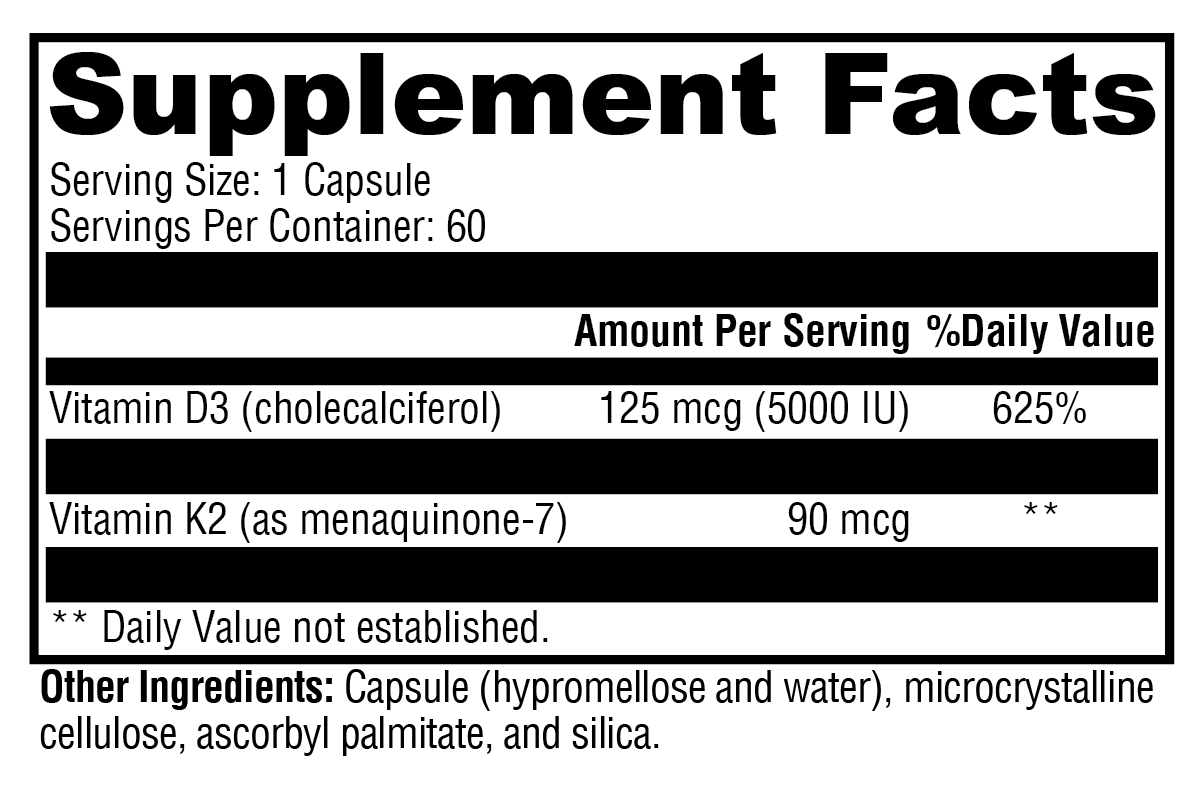 Supplement facts label with vitamins D3 and K2 on a white background