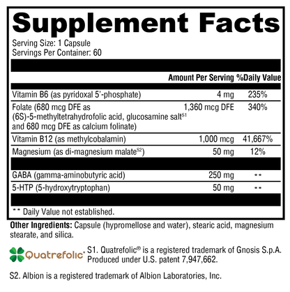 Supplement facts label with various nutrients and their amounts per serving.
