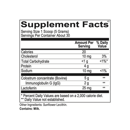 Supplement facts label for a product with listed nutritional values and ingredients.