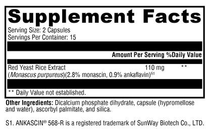 Supplement facts label with red yeast rice extract information