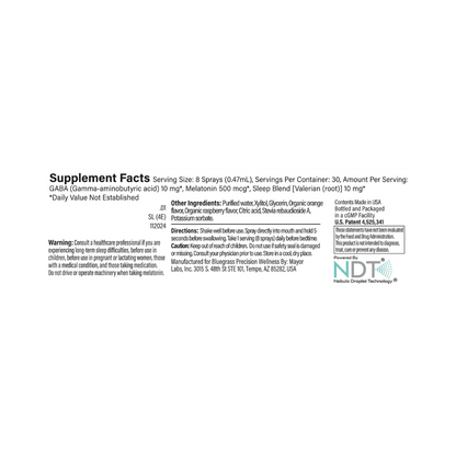 Supplement Facts label for Bluegrass Supplements Drift Away sleep support spray showing ingredients and usage directions.