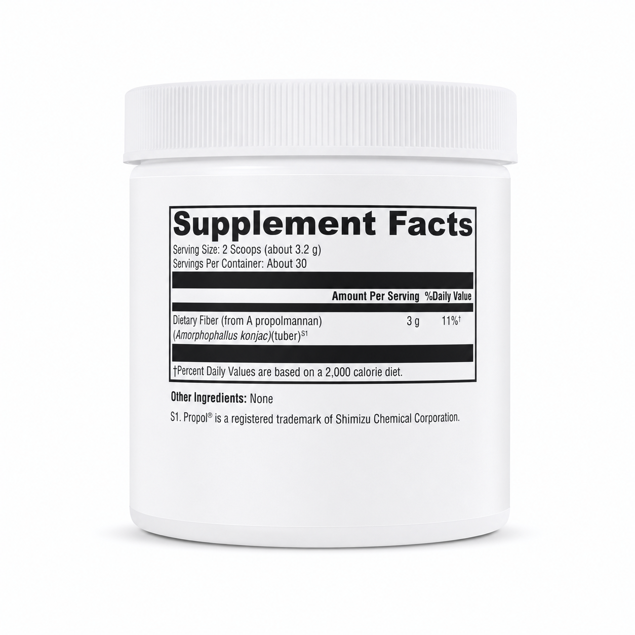 White supplement container with black label on a white background