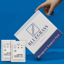 Bluegrass Precision Wellness support pack with packets on a blue background.