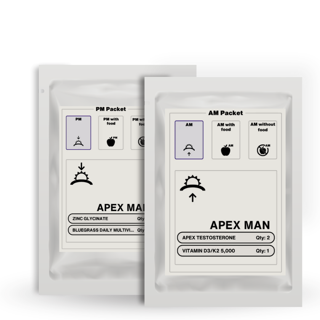 Two Apex Man supplement packets on a white background.