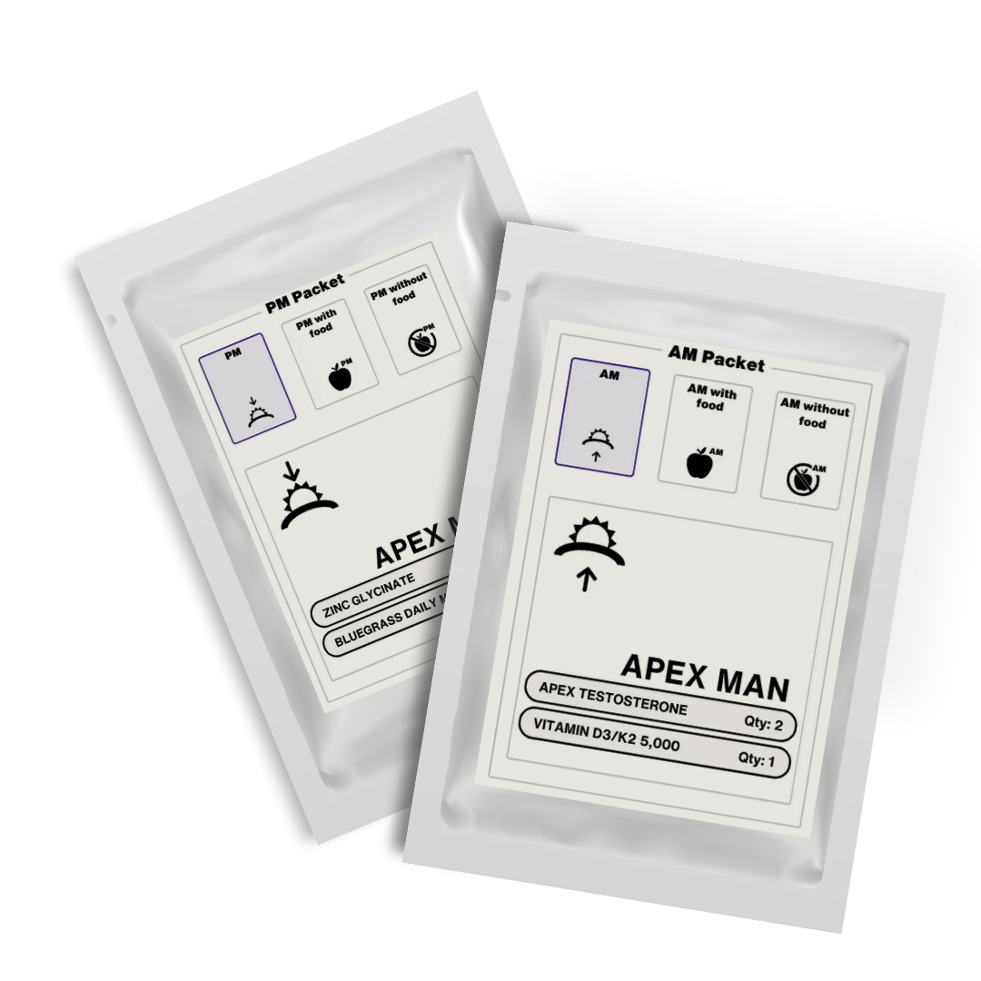 Two Apex Man supplement packets on a white background.