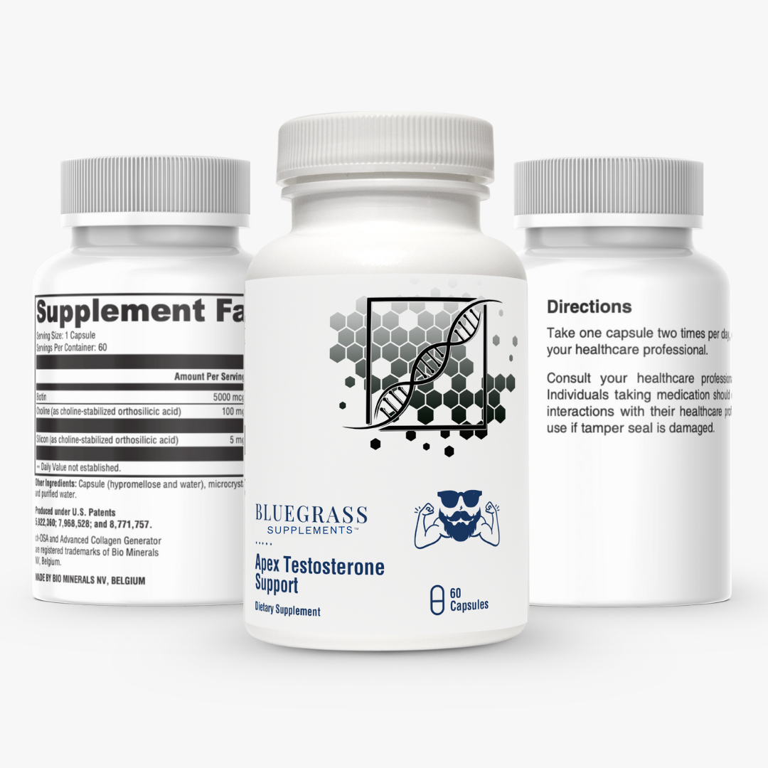 Three supplement bottles labeled 'Bluegrass Supplements'.