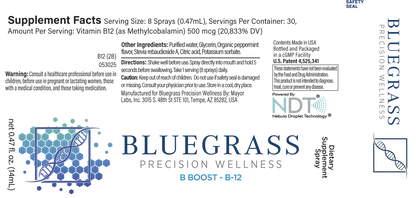 Supplement label for Bluegrass Precision Wellness B Boost B-12 with branding and product details.