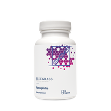 Supplement bottle labeled 'Bluegrass Ashwagandha' on a white background. 