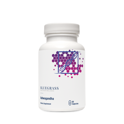 Supplement bottle labeled 'Bluegrass Ashwagandha' on a white background. 