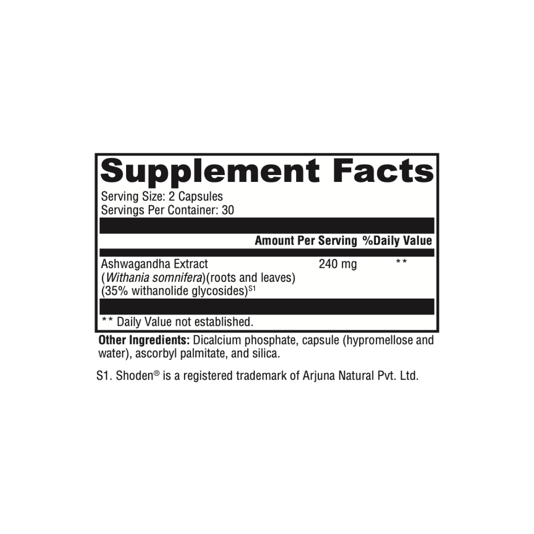 Supplement facts label with Ashwagandha Extract on a white background. 