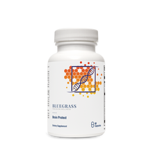 White supplement bottle labeled 'Bluegrass Brain Protect' on a white background. 