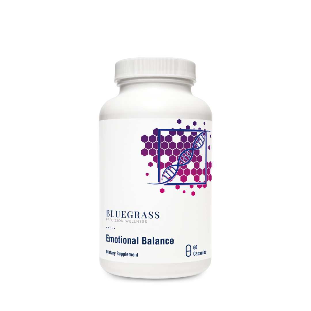 Supplement bottle labeled 'Emotional Balance' by Bluegrass on a white background. 