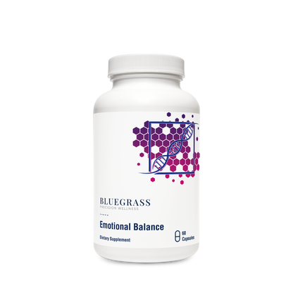 Supplement bottle labeled 'Emotional Balance' by Bluegrass on a white background. 